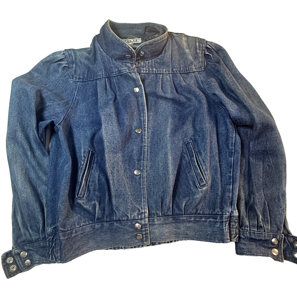 Vintage 80s CLIQUE Denim Jacket Womens L Blue Puff Sleeve Cropped Americana